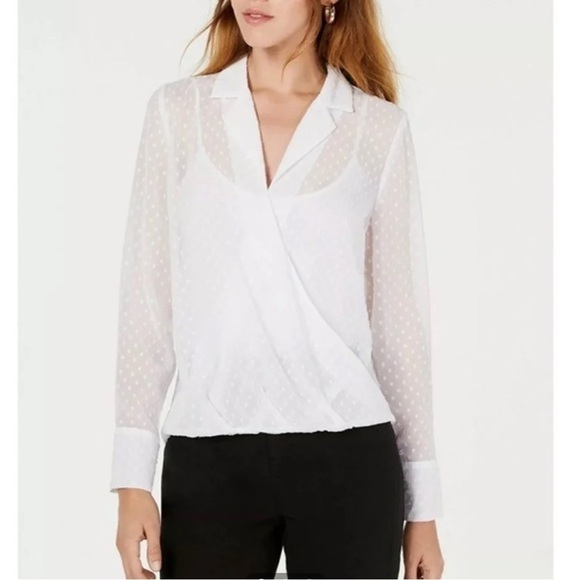 NWOT Bar III White Sheer V-Neck High-Low Casual Blouse - Picture 3 of 9